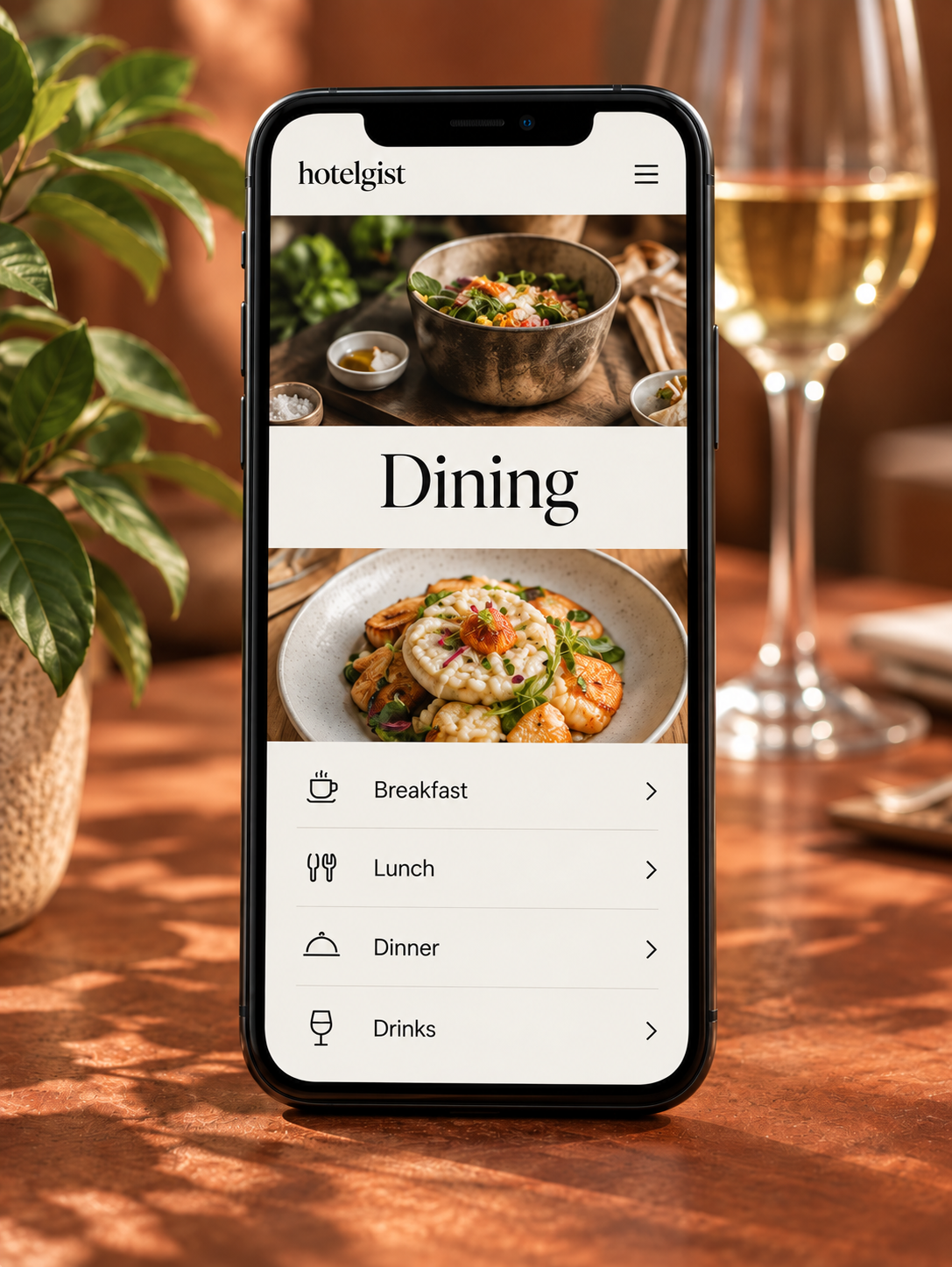 An illustrative hotel guest guide displayed on a phone in a warm hotel setting