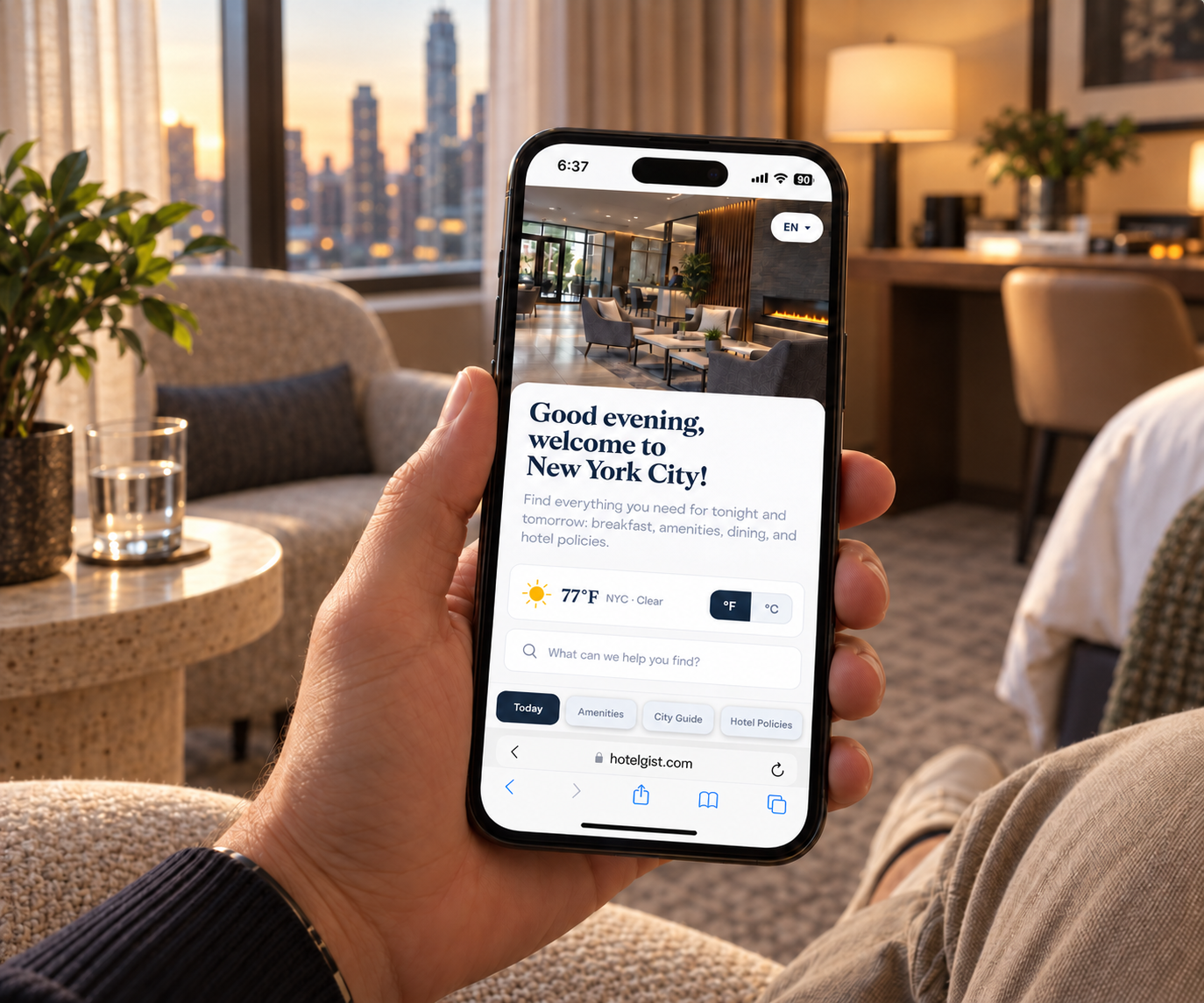 A guest exploring a HotelGist digital guide on their phone in a sunlit hotel lounge